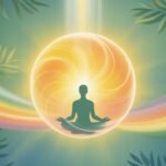 Image shows the silhouette of a person who is meditating inside a golden bubble