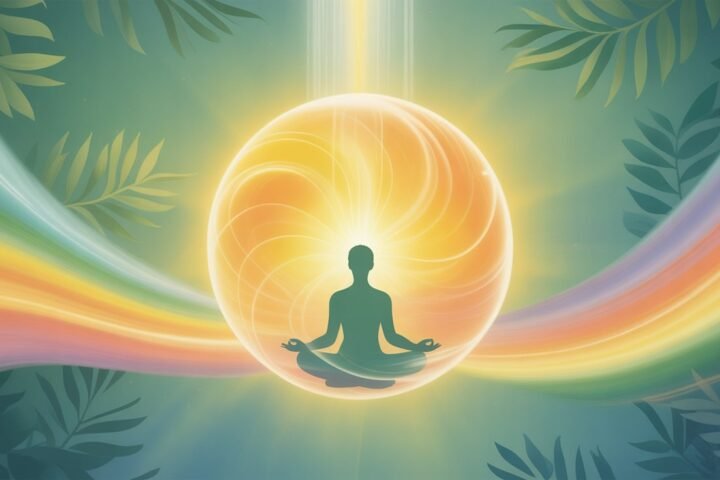 Image shows the silhouette of a person who is meditating inside a golden bubble