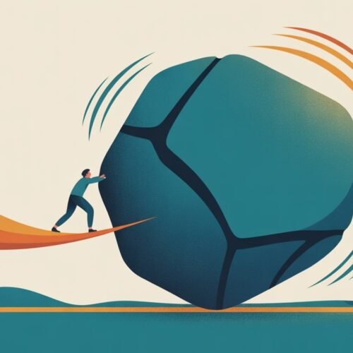 Man pushing a heavy boulder symbolizing the "do something" principle in action