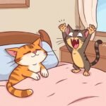 Cartoon image of a tired cat napping on a bed, getting shouted at by a very excited and inspired cat.