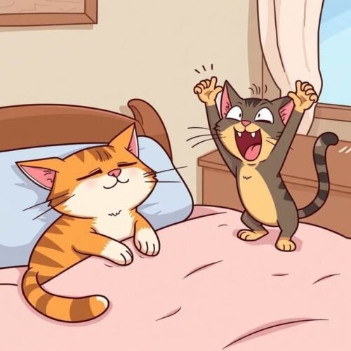 Cartoon image of a tired cat napping on a bed, getting shouted at by a very excited and inspired cat.