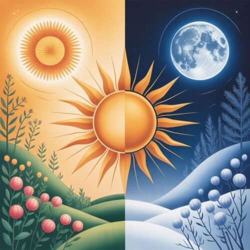 Illustration of the sun at Solstice, with summer on one side and winter on the other, symbolizing both hemispheres and Solstice rituals for any season.