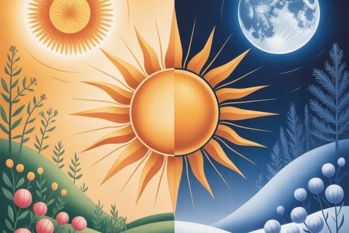 Illustration of the sun at Solstice, with summer on one side and winter on the other, symbolizing both hemispheres and Solstice rituals for any season.