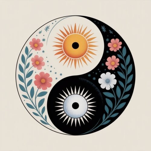 Yin-Yang symbol with the sun as the dot in each half—bright and summery on one side, dark and wintery on the other—illustrating the polarities of the Solstice in both hemispheres.